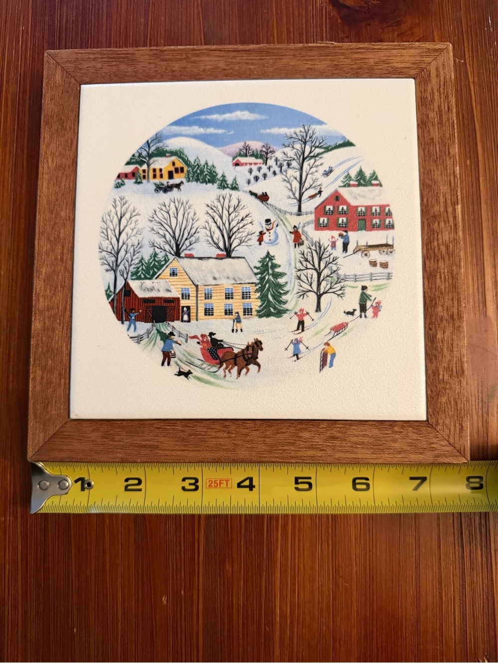 Framed Folk Art Country Scene trivet/wall art tile in a Wood Frame - Multicolori